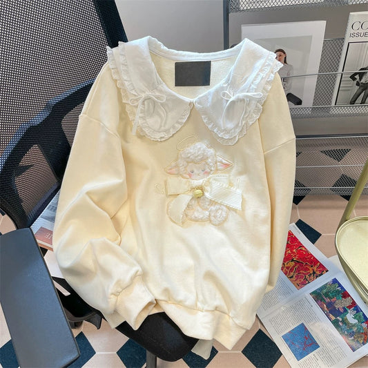 Cream yellow cute age-reducing doll collar sweatshirt female vintage petite spring and autumn stylish unique exquisite top