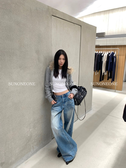 SUNONEONE creased distressed washed jeans for women spring and autumn new floor-length trousers loose straight wide-leg pants