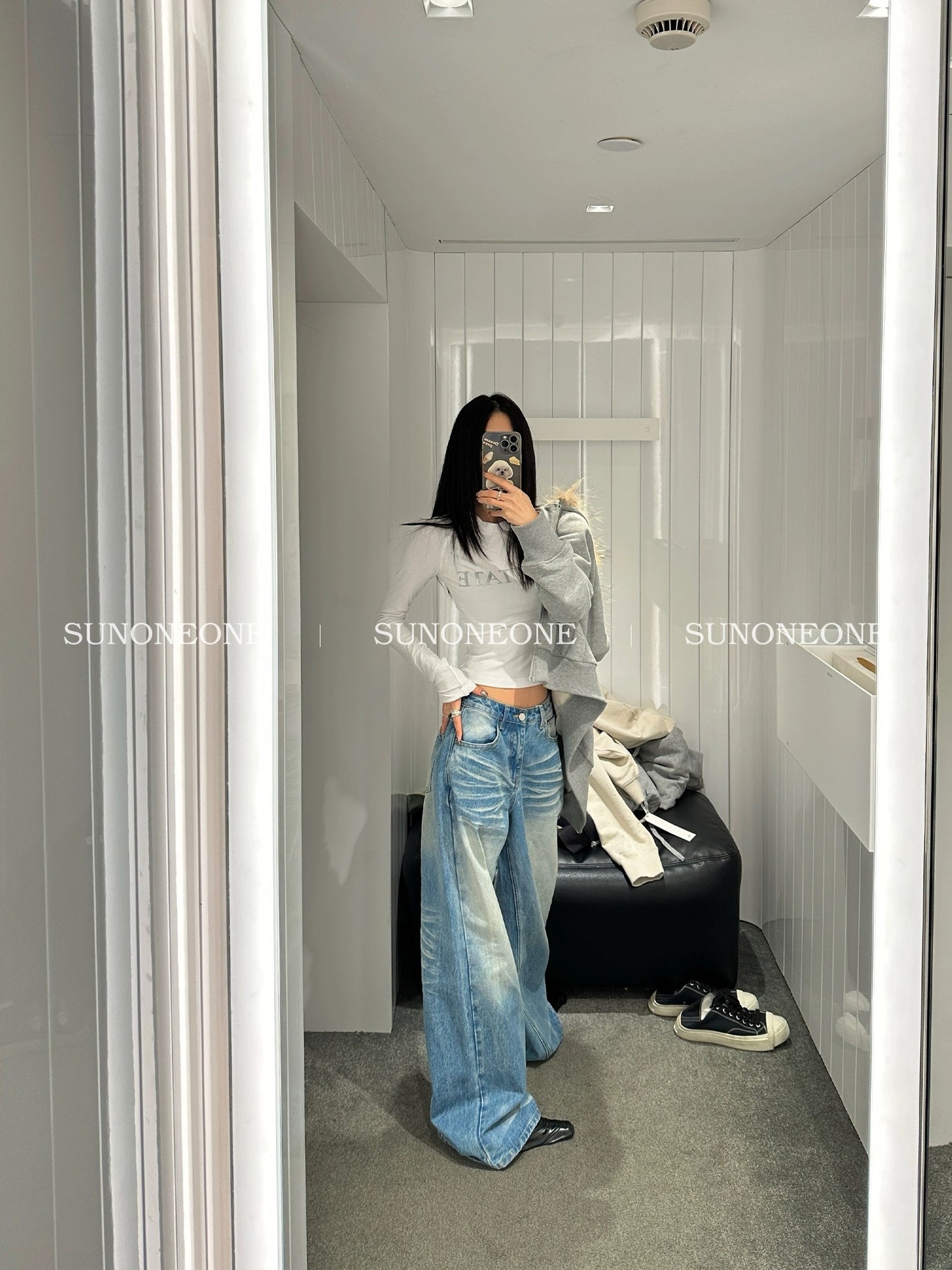 SUNONEONE creased distressed washed jeans for women spring and autumn new floor-length trousers loose straight wide-leg pants