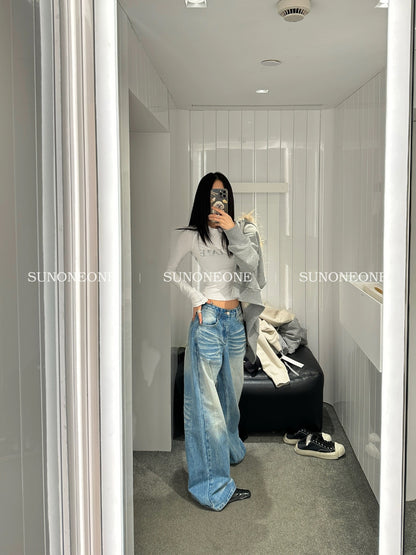 SUNONEONE creased distressed washed jeans for women spring and autumn new floor-length trousers loose straight wide-leg pants