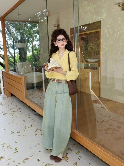 Chen Jiajie [Blues Wander] Retro High-Waisted Wide-Leg Jeans – Autumn 2026 Distressed Wash Loose-Fit Trousers