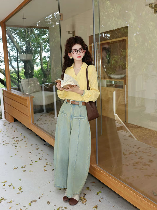 Chen Jiajie [Blues Wander] Retro High-Waisted Wide-Leg Jeans – Autumn 2026 Distressed Wash Loose-Fit Trousers