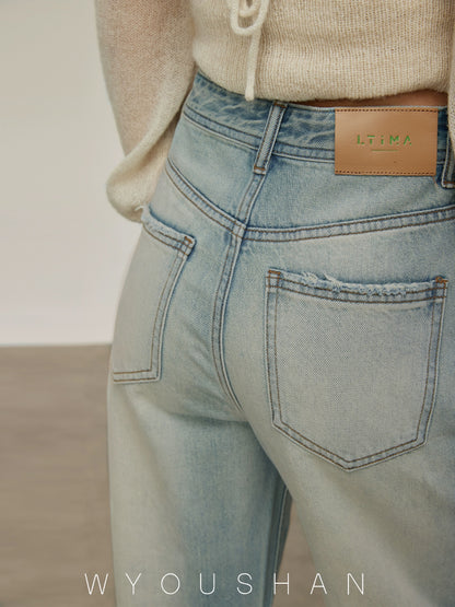 5205 Wang Youshan light color high waist jeans women's loose new 2024 summer straight trousers wide leg pants