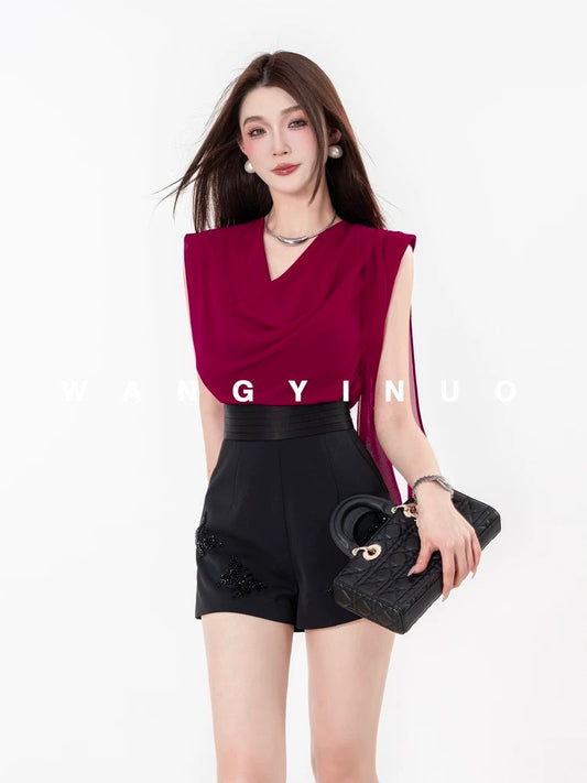 MD Yinuo [Sunset Orange Tone] 2025 Summer New Design French Slimming Versatile Top