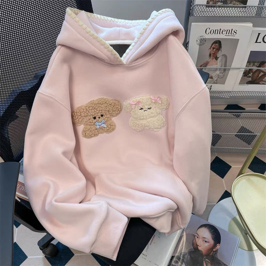 Korean lazy style flocking embroidered dog sweater women's spring and autumn age-reducing fashionable milk fufu cute hooded top