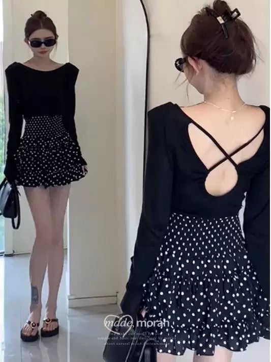 Two-piece suit for spring, salty style streetwear, hot girl backless sweater top, floral skirt 2025 super hot