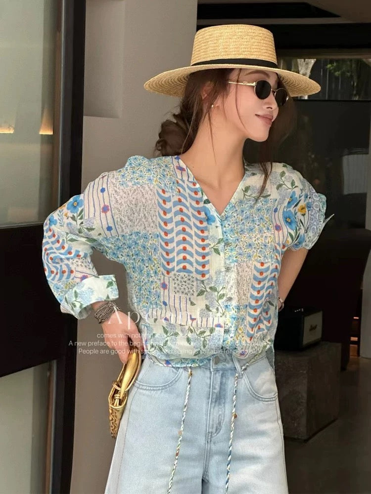 100% Ramie Blue Printed Shirt Women's Long Sleeve 2026 Spring/Summer Resort Style V-Neck Casual Floral Top