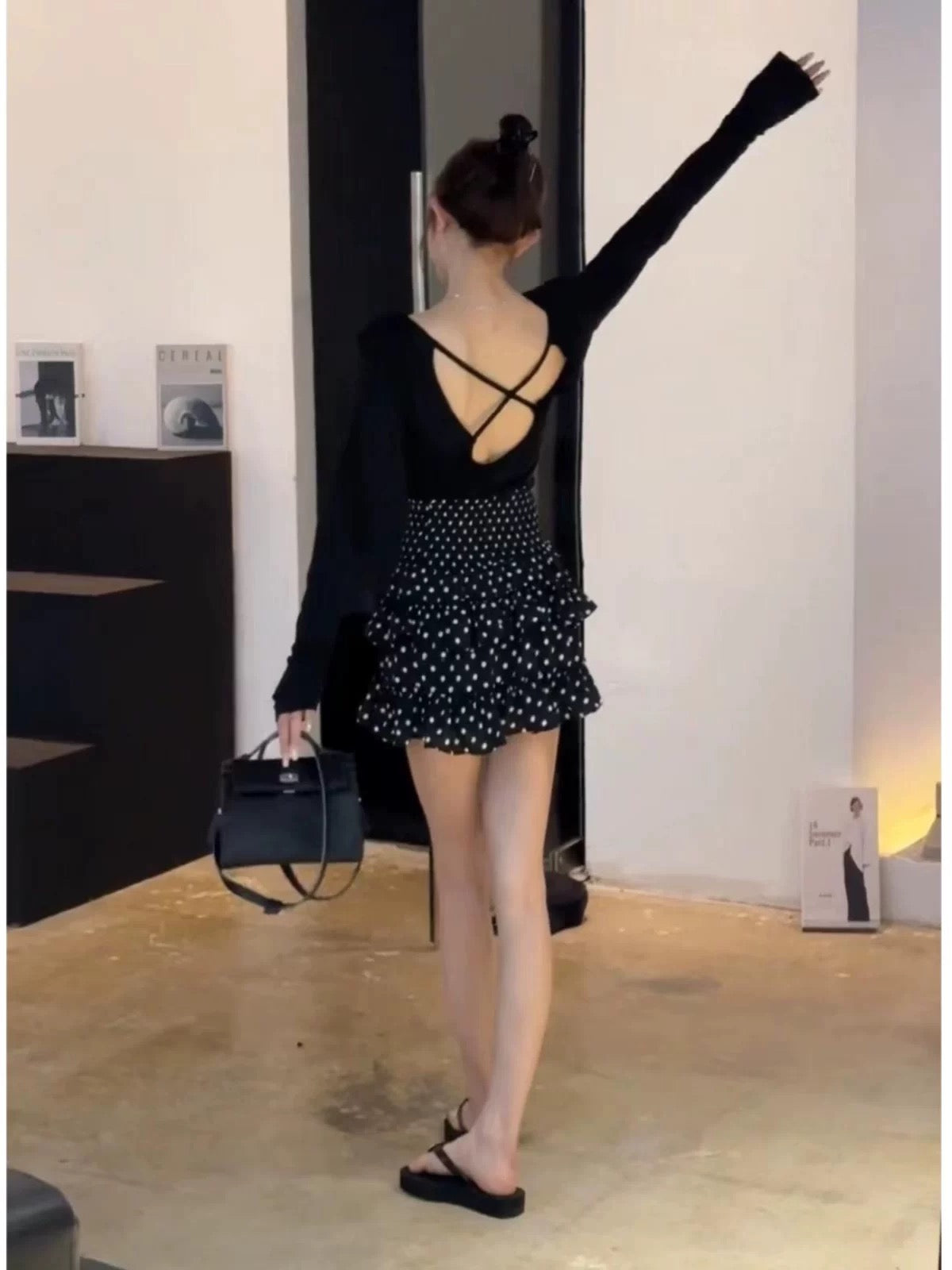 Two-piece suit for spring, salty style streetwear, hot girl backless sweater top, floral skirt 2025 super hot