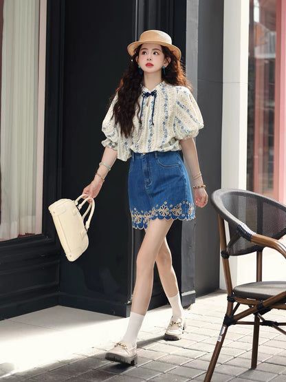 Chen Jiajie [Petal Dance] Women's Blue Denim Mini Skirt – Summer Casual High-Waisted A-Line Skirt (Loose & Slimming Fit)