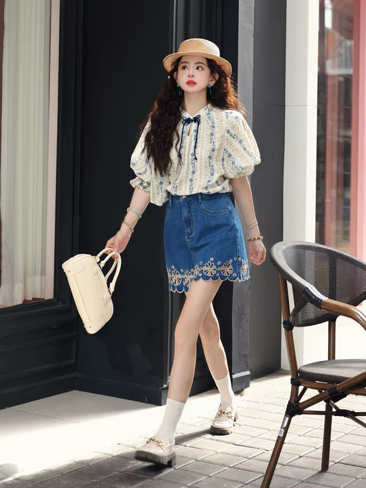 Chen Jiajie [Petal Dance] Women's Blue Denim Mini Skirt – Summer Casual High-Waisted A-Line Skirt (Loose & Slimming Fit)