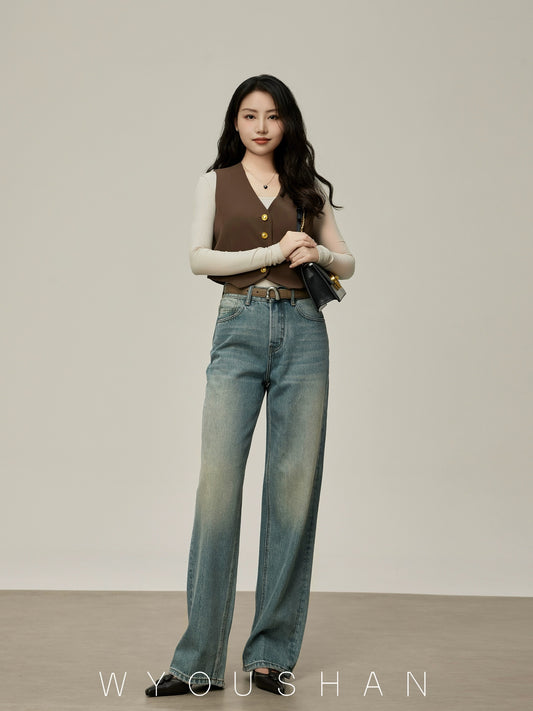 5202 Wang Youshan Retro High Waist Jeans Women's Loose New Style 2024 Summer Straight Pants Wide Leg Pants