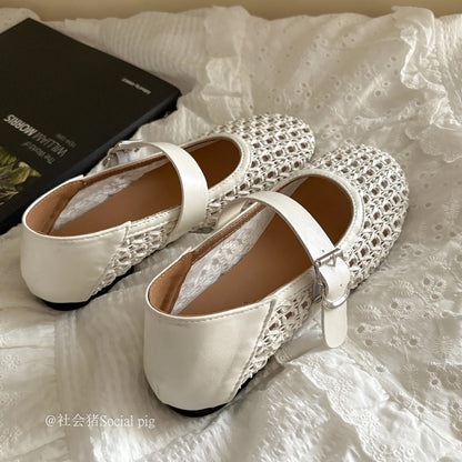 Social Pig openwork Mary Jane shoes, women's mesh French-style flat shoes with a single strap, ballet flats.