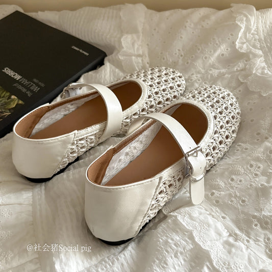 Social Pig openwork Mary Jane shoes, women's mesh French-style flat shoes with a single strap, ballet flats.