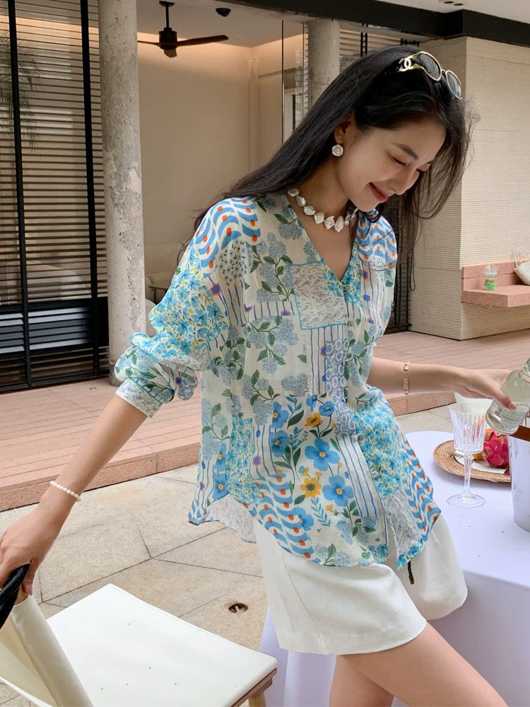 100% Ramie Blue Printed Shirt Women's Long Sleeve 2026 Spring/Summer Resort Style V-Neck Casual Floral Top