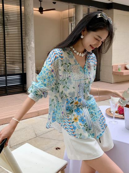 100% Ramie Blue Printed Shirt Women's Long Sleeve 2026 Spring/Summer Resort Style V-Neck Casual Floral Top