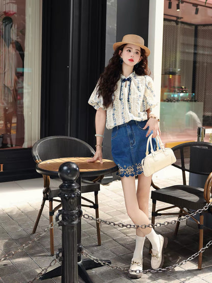 Chen Jiajie [Petal Dance] Women's Blue Denim Mini Skirt – Summer Casual High-Waisted A-Line Skirt (Loose & Slimming Fit)