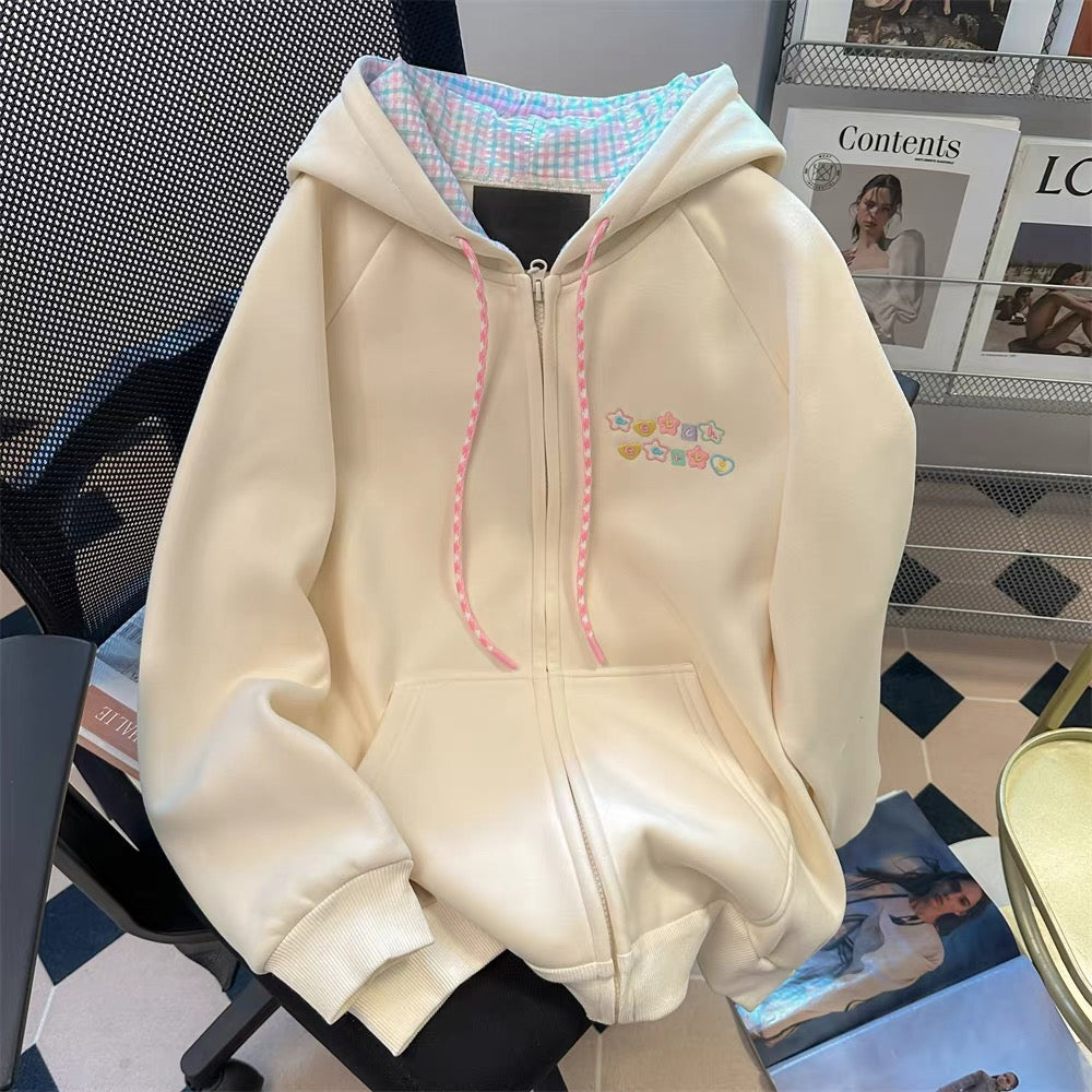 Japanese cute embroidered plaid patchwork hooded sweatshirt female autumn sweet petite unique top coat cardigan