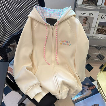 Japanese cute embroidered plaid patchwork hooded sweatshirt female autumn sweet petite unique top coat cardigan