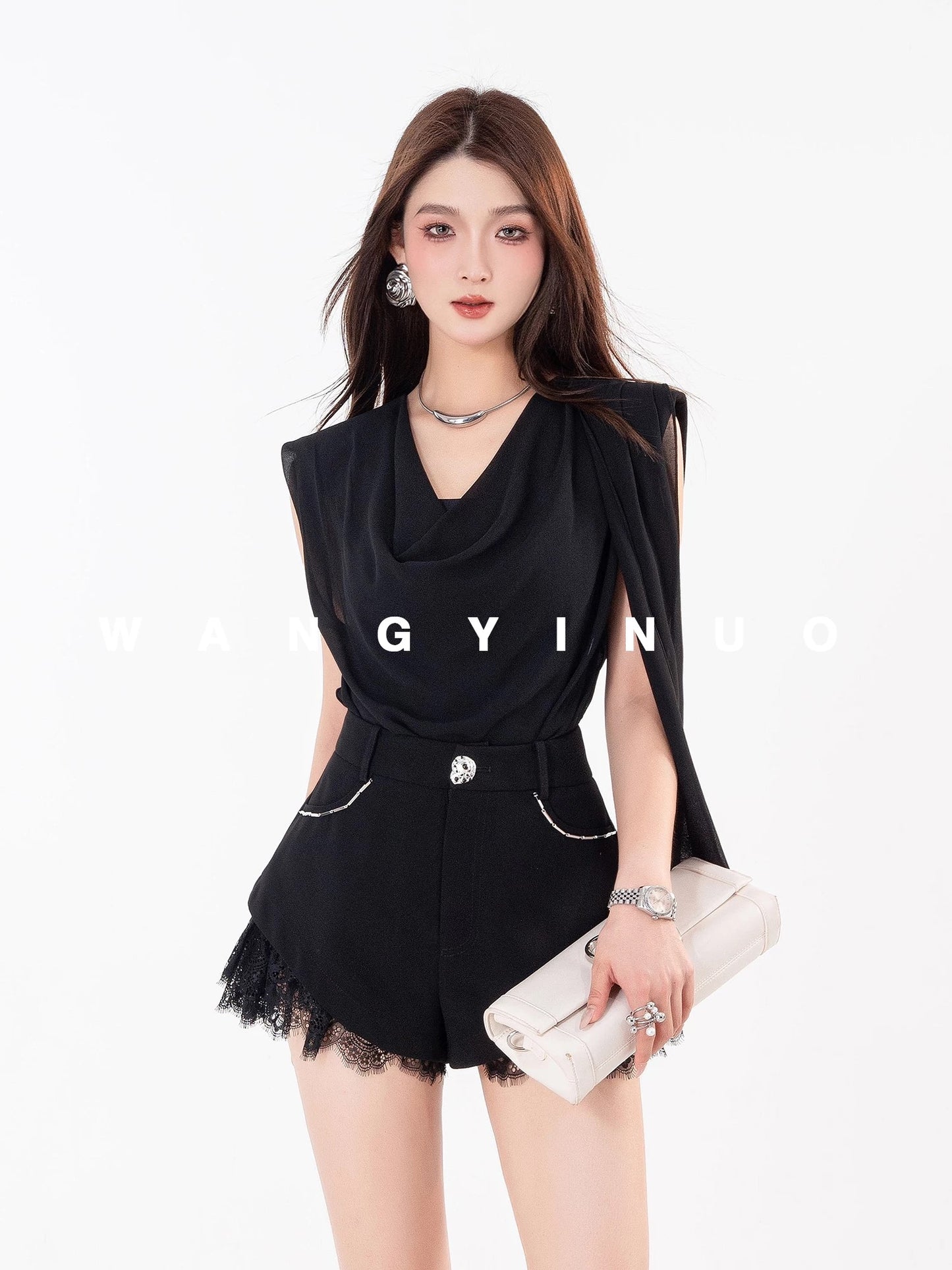 MD Yinuo [Sunset Orange Tone] 2025 Summer New Design French Slimming Versatile Top