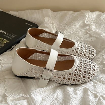 Social Pig openwork Mary Jane shoes, women's mesh French-style flat shoes with a single strap, ballet flats.