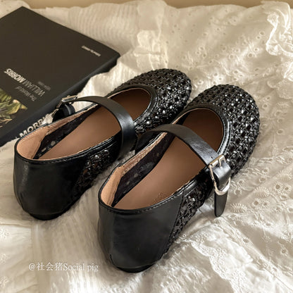 Social Pig openwork Mary Jane shoes, women's mesh French-style flat shoes with a single strap, ballet flats.