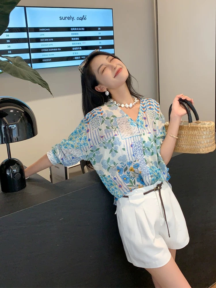 100% Ramie Blue Printed Shirt Women's Long Sleeve 2026 Spring/Summer Resort Style V-Neck Casual Floral Top