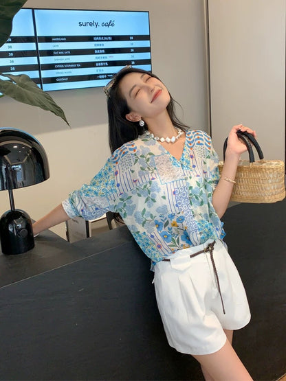 100% Ramie Blue Printed Shirt Women's Long Sleeve 2026 Spring/Summer Resort Style V-Neck Casual Floral Top