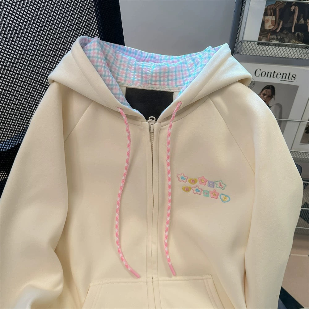Japanese cute embroidered plaid patchwork hooded sweatshirt female autumn sweet petite unique top coat cardigan