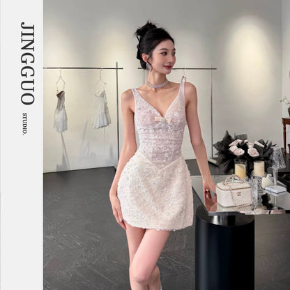 【JINGGUO Luxury】Niche Design, Heavy Sequined V-Neck Spaghetti Strap Dress, Elegant and Slim Fit, 7658