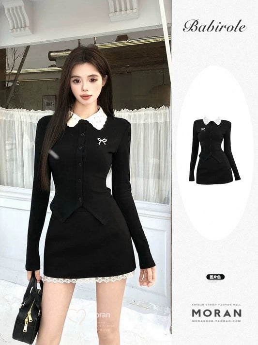 Pure lust hot girl knitted dress sub-suit with a niche design, a niche patchwork top and a short skirt, a complete set for spring wear