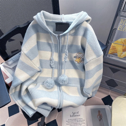 Milk fufu blue striped angel puppy sweater coat women's autumn and winter gentle Japanese style thick hooded knitted cardigan