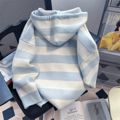Milk fufu blue striped angel puppy sweater coat women's autumn and winter gentle Japanese style thick hooded knitted cardigan