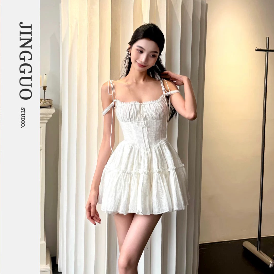 【JINGGUO Luxury】Niche French Lace Patchwork Tie Waist Slimming Sundress 7499