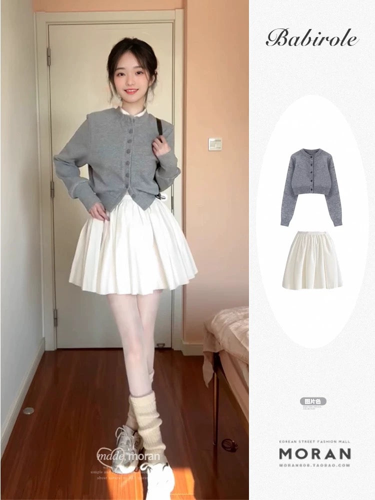 2025 super popular two-piece spring outfit, college gray knitted sweater, cardigan, ballet skirt, little guy