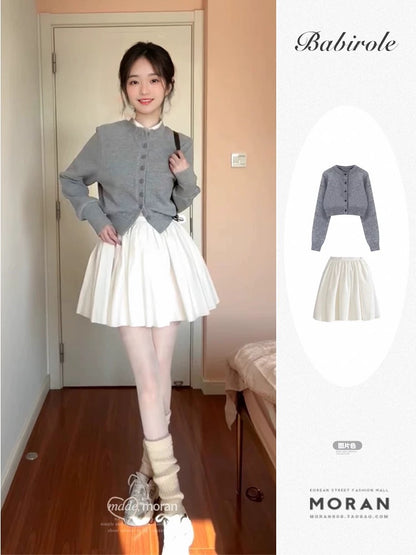 2025 super popular two-piece spring outfit, college gray knitted sweater, cardigan, ballet skirt, little guy