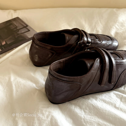 Social Pig ballet-style soft-soled Mary Jane shoes, new Korean style, versatile round toe, Velcro flat shoes