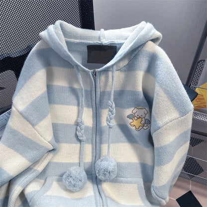 Milk fufu blue striped angel puppy sweater coat women's autumn and winter gentle Japanese style thick hooded knitted cardigan