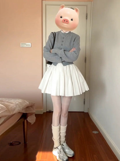 2025 super popular two-piece spring outfit, college gray knitted sweater, cardigan, ballet skirt, little guy