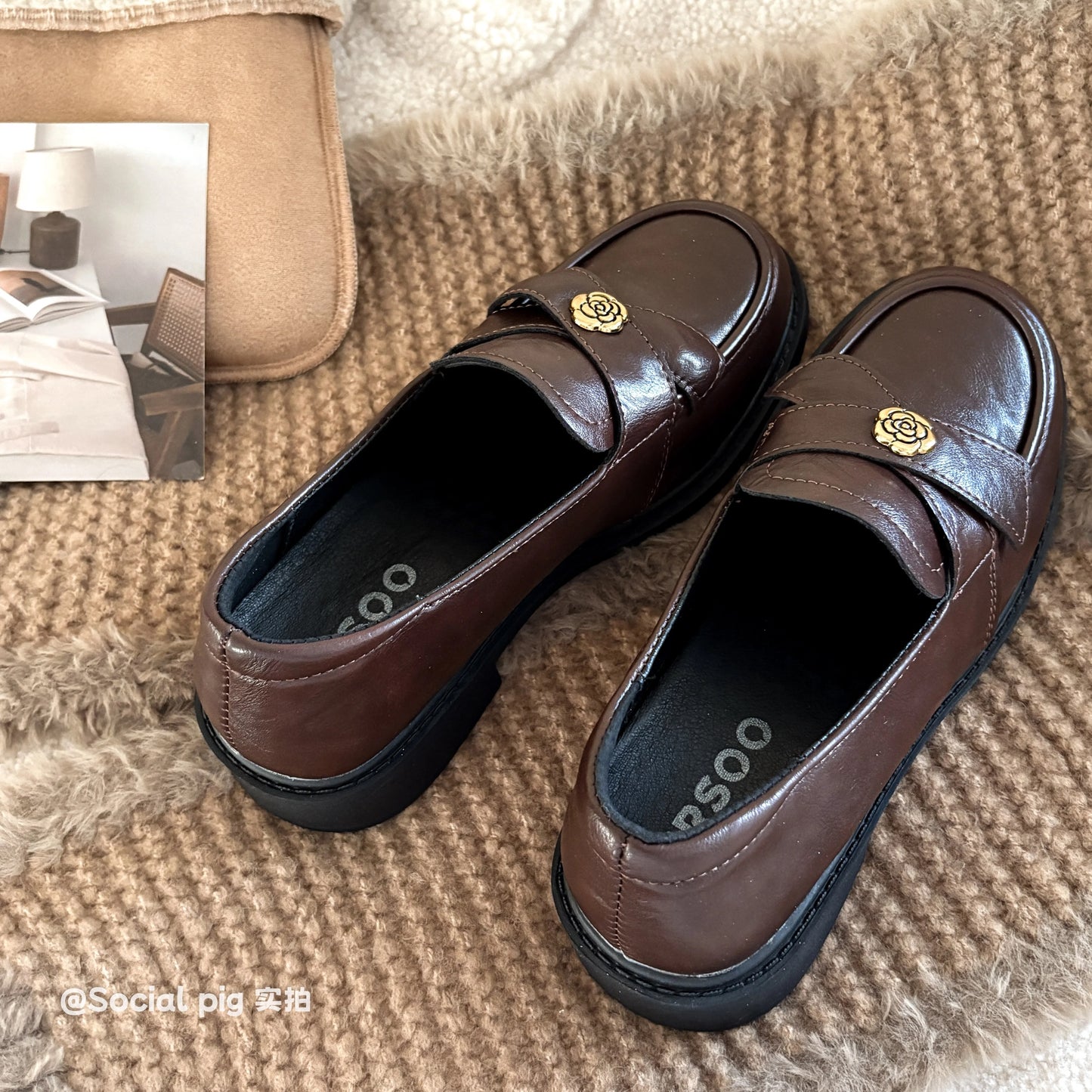 Social Pig British Style Round Toe Platform Brown Loafers Women's Slip-on Vintage Style Distressed Leather Shoes