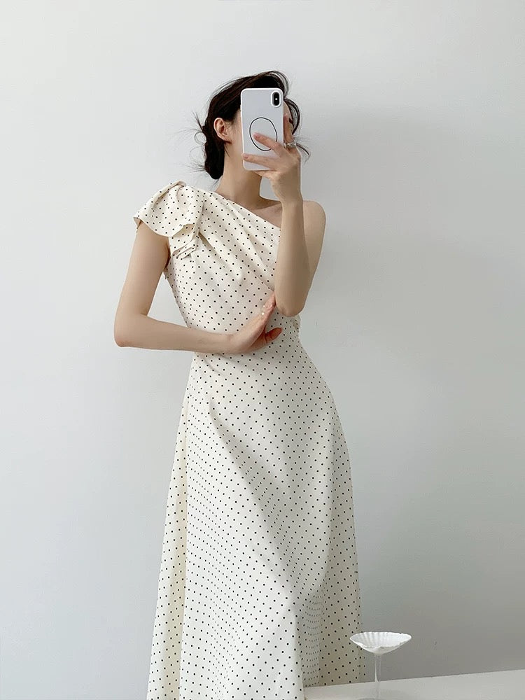 YAHI French sexy A-line dress summer thin versatile off-shoulder waist long polka dot dress