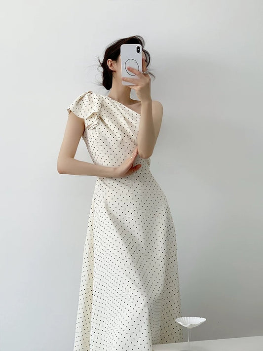 YAHI French sexy A-line dress summer thin versatile off-shoulder waist long polka dot dress