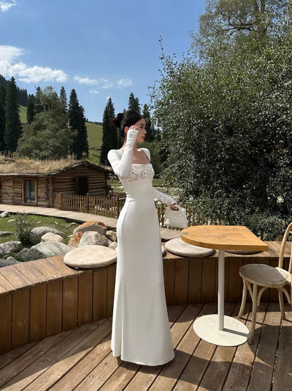 VENUIE White Long-Sleeve Knit Dress – Square Neck, Slim-Fit, Bodycon Style; Suitable for Birthday Parties, Semi-Formal Events, and Vacation Wear.
