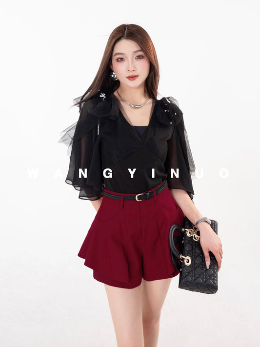 MD Yinuo [Tender and Charming] 2025 Summer Tea Break Style All-match Fashion French Style Waist Top Shirt