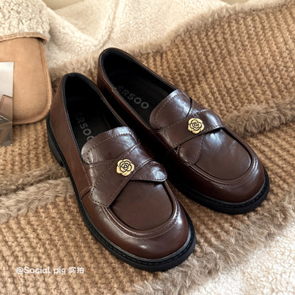 Social Pig British Style Round Toe Platform Brown Loafers Women's Slip-on Vintage Style Distressed Leather Shoes