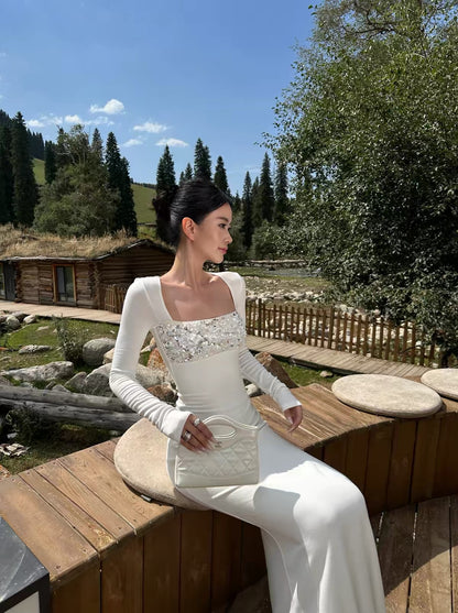 VENUIE White Long-Sleeve Knit Dress – Square Neck, Slim-Fit, Bodycon Style; Suitable for Birthday Parties, Semi-Formal Events, and Vacation Wear.