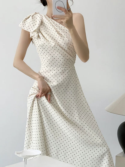 YAHI French sexy A-line dress summer thin versatile off-shoulder waist long polka dot dress