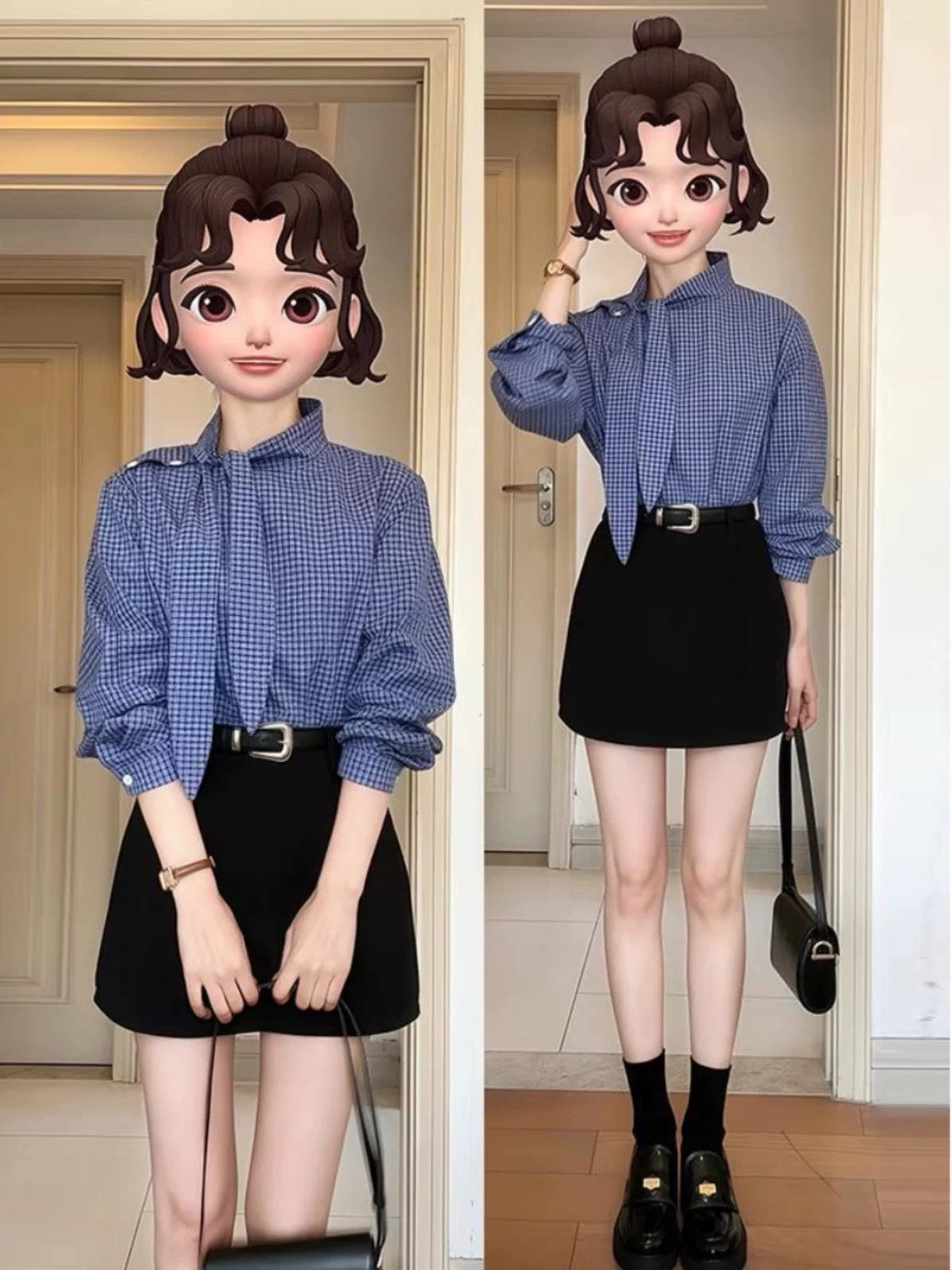 2025 super hot two spring outfits for spring wear, temperament design, niche bunny ear collar, plaid shirt, short skirt, petite