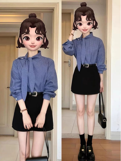 2025 super hot two spring outfits for spring wear, temperament design, niche bunny ear collar, plaid shirt, short skirt, petite