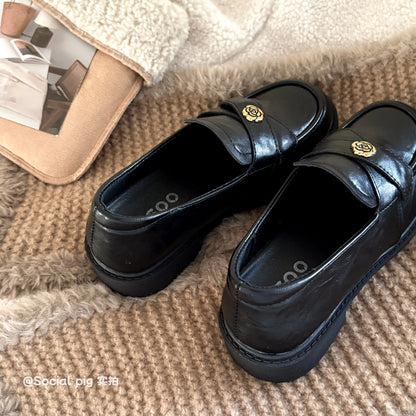 Social Pig British Style Round Toe Platform Brown Loafers Women's Slip-on Vintage Style Distressed Leather Shoes