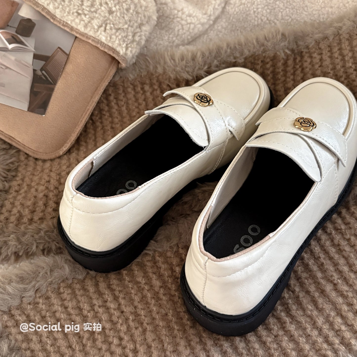 Social Pig British Style Round Toe Platform Brown Loafers Women's Slip-on Vintage Style Distressed Leather Shoes